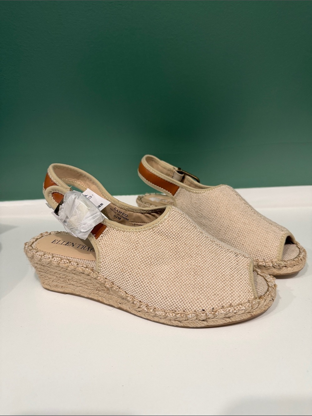 Ellen Tracy Cream Canvas Espadrille Wedge Sandals with Tan Ankle Strap